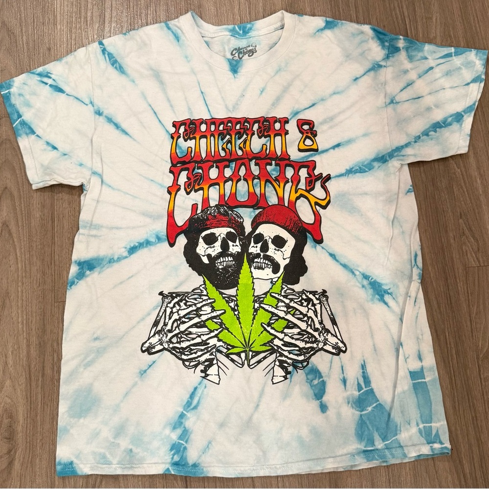 Cheech & Chong Mens Blue Tie Dye Graphic Up In Smoke Short Sleeve Shirt Size L